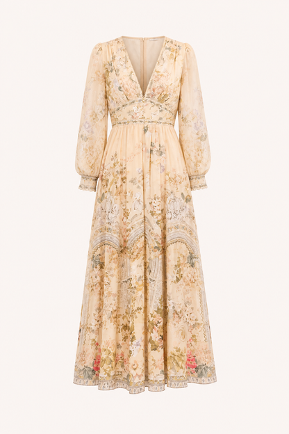 Femme Robe Longue Florale à Col en V et Manches Bouffantes