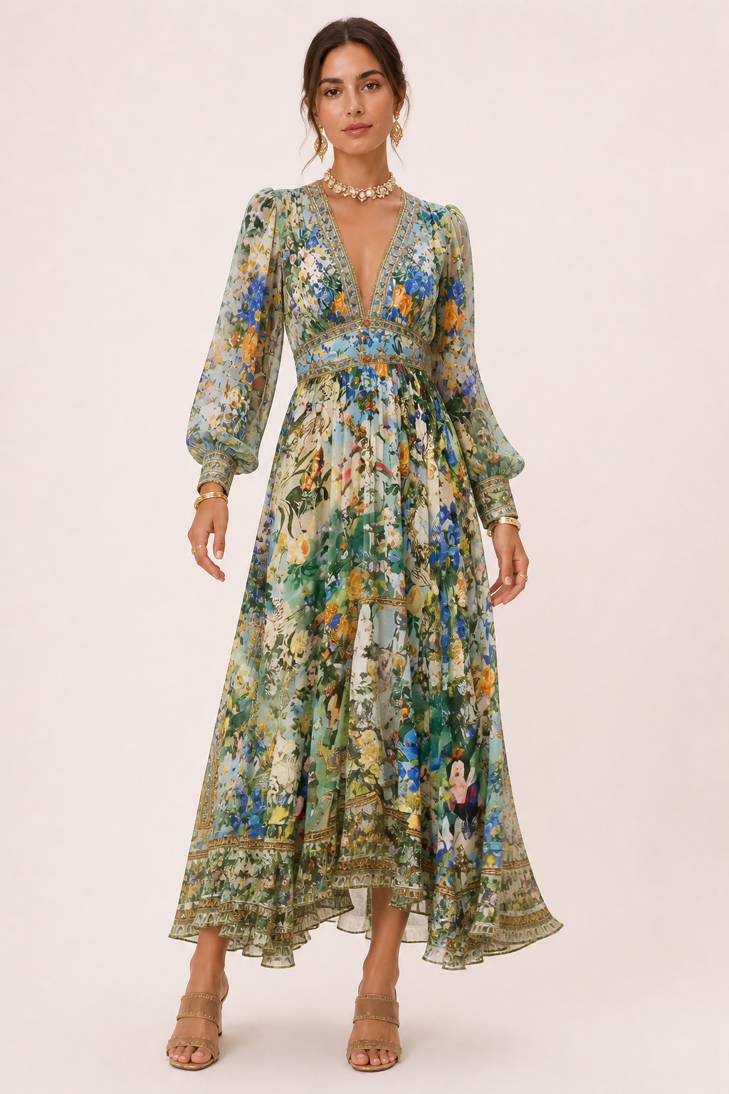 Femme Robe Longue Florale à Col en V et Manches Bouffantes