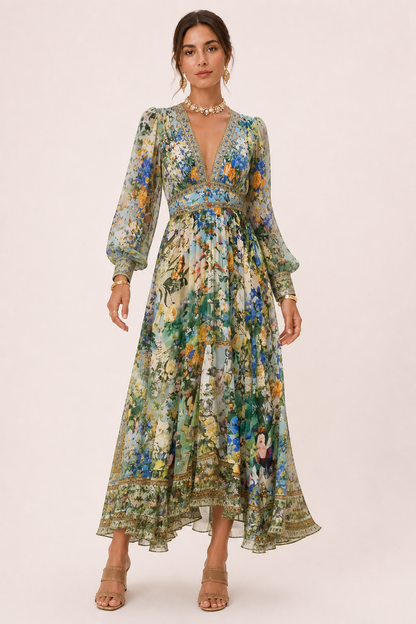 Femme Robe Longue Florale à Col en V et Manches Bouffantes
