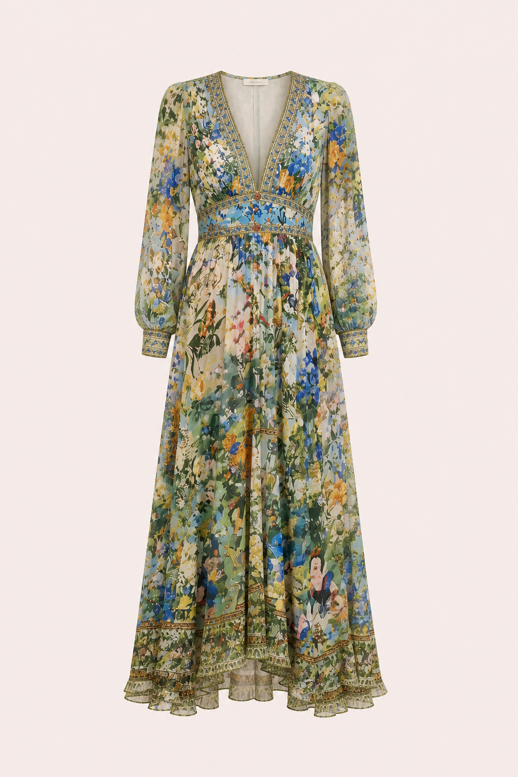 Femme Robe Longue Florale à Col en V et Manches Bouffantes