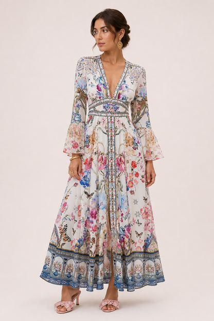 Femme Robe Longue Florale à Col en V et Manches Bouffantes