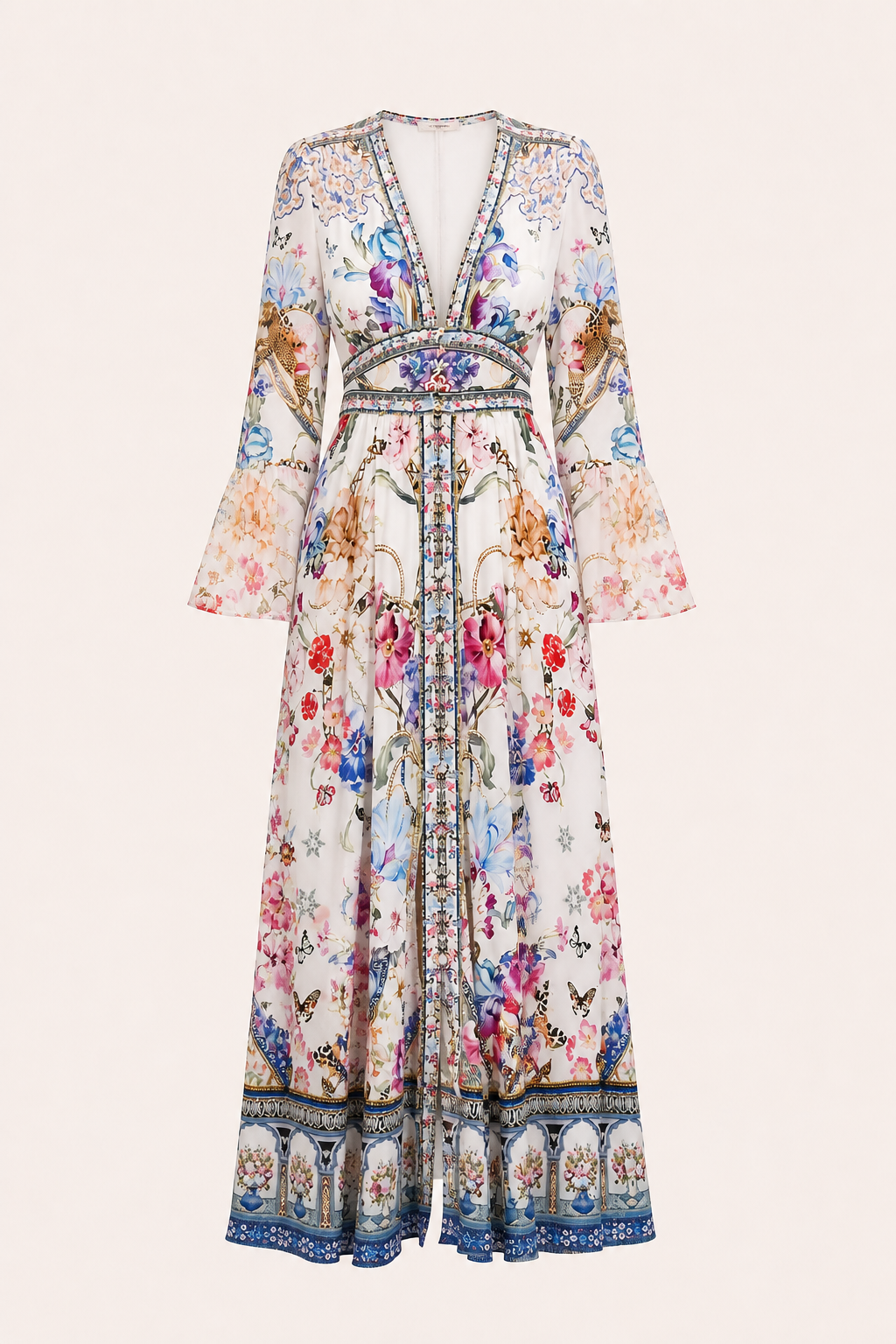 Femme Robe Longue Florale à Col en V et Manches Bouffantes