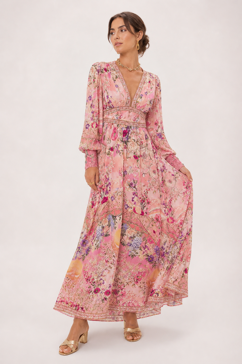 Femme Robe Longue Florale à Col en V et Manches Bouffantes