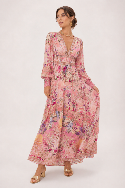 Femme Robe Longue Florale à Col en V et Manches Bouffantes