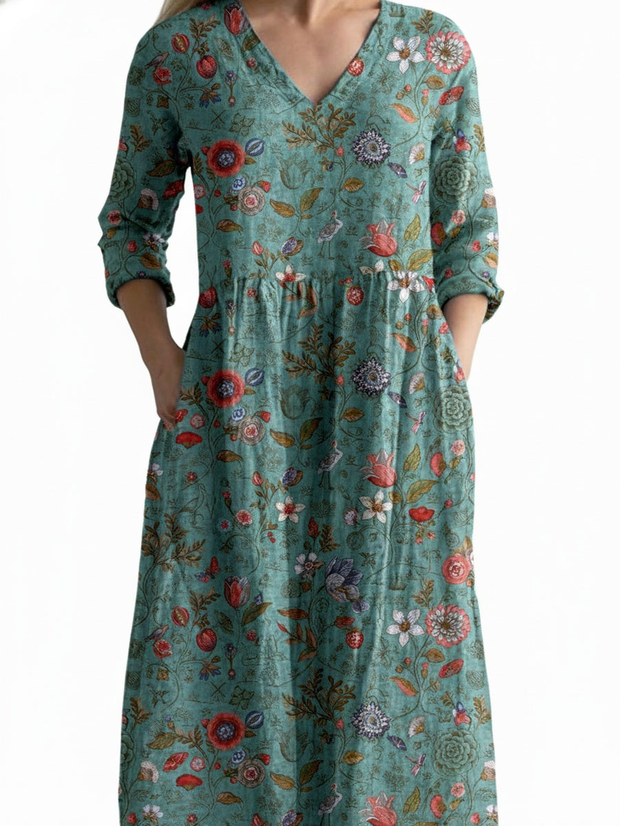 Femme Robe Longue Florale avec Col en V et Manches Trois-Quarts