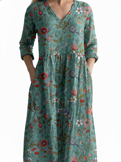 Femme Robe Longue Florale avec Col en V et Manches Trois-Quarts