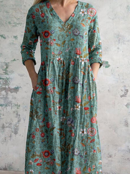 Femme Robe Longue Florale avec Col en V et Manches Trois-Quarts
