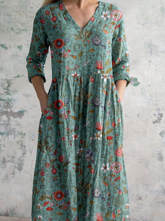 Femme Robe Longue Florale avec Col en V et Manches Trois-Quarts