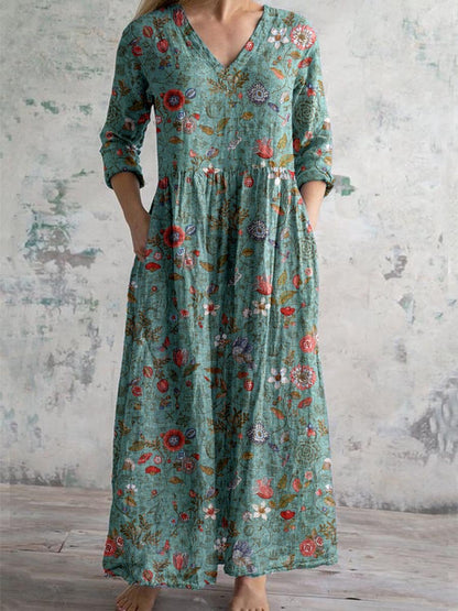 Femme Robe Longue Florale avec Col en V et Manches Trois-Quarts
