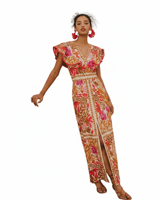 Femme Robe Longue Florale avec Col V, Manches Volantées et Fente