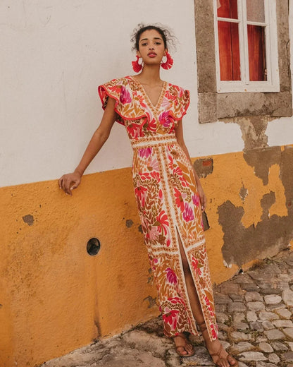 Femme Robe Longue Florale avec Col V, Manches Volantées et Fente