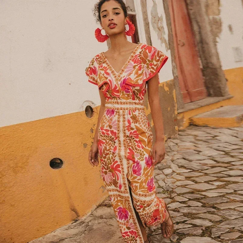 Femme Robe Longue Florale avec Col V, Manches Volantées et Fente