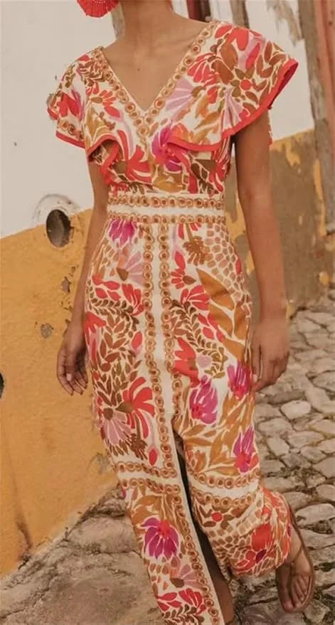 Femme Robe Longue Florale avec Col V, Manches Volantées et Fente