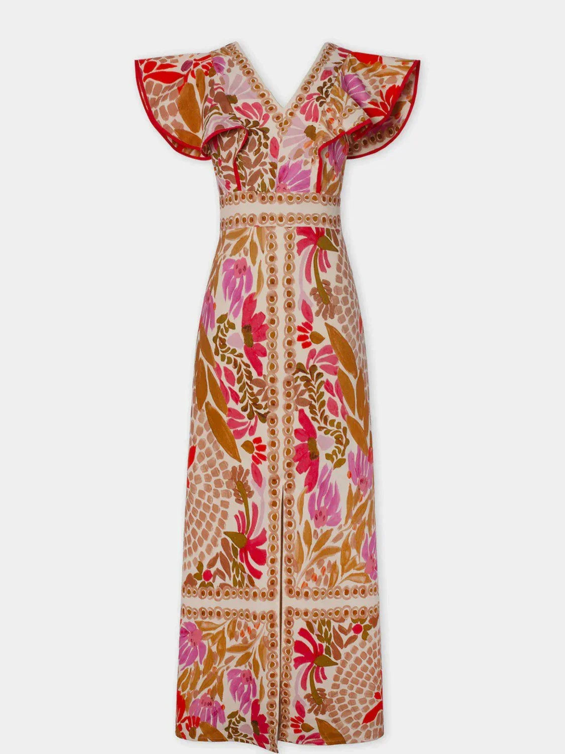 Femme Robe Longue Florale avec Col V, Manches Volantées et Fente