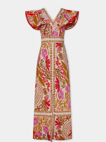 Femme Robe Longue Florale avec Col V, Manches Volantées et Fente
