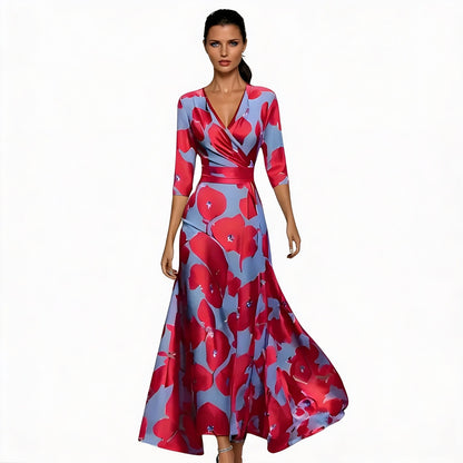 Femme Robe Longue Imprimé Floral avec Col en V et Manches Trois-Quarts Silhouette A-Line