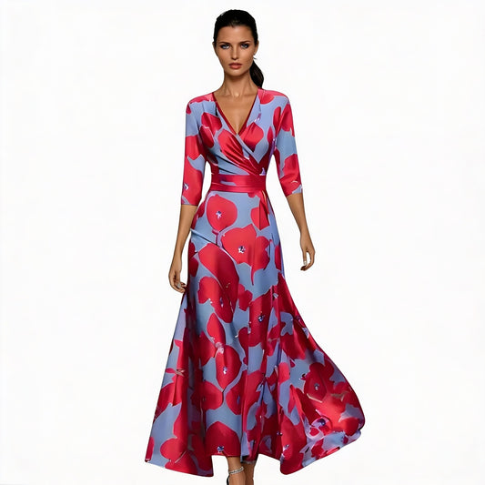 Femme Robe Longue Imprimé Floral avec Col en V et Manches Trois-Quarts Silhouette A-Line
