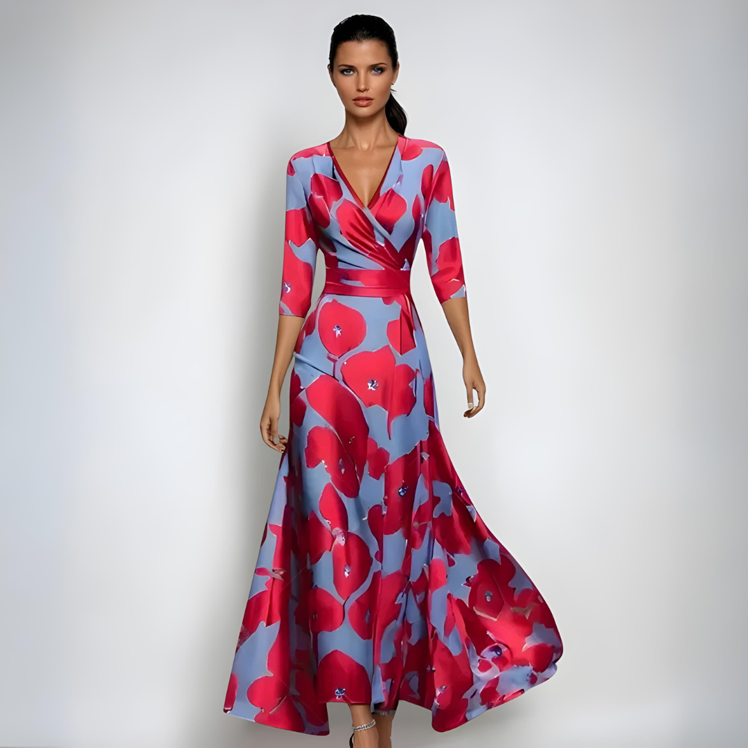 Femme Robe Longue Imprimé Floral avec Col en V et Manches Trois-Quarts Silhouette A-Line