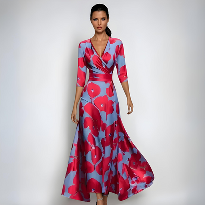 Femme Robe Longue Imprimé Floral avec Col en V et Manches Trois-Quarts Silhouette A-Line