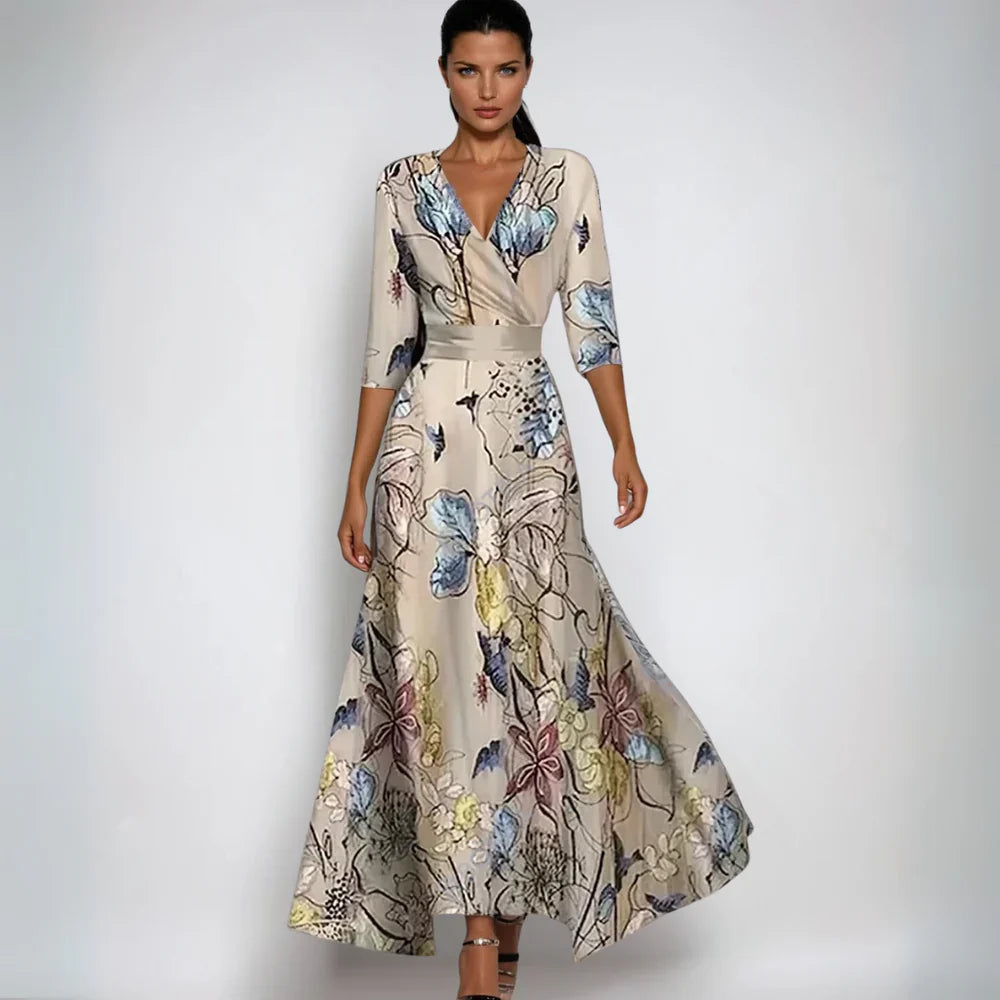 Femme Robe Longue Imprimé Floral avec Col en V et Manches Trois-Quarts Silhouette A-Line