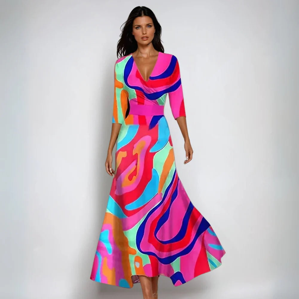 Femme Robe Longue Imprimé Floral avec Col en V et Manches Trois-Quarts Silhouette A-Line