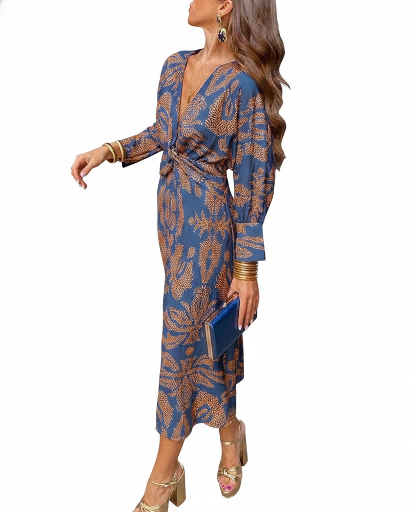Femme Robe Longue Imprimée à Col en V et Taille Nouée