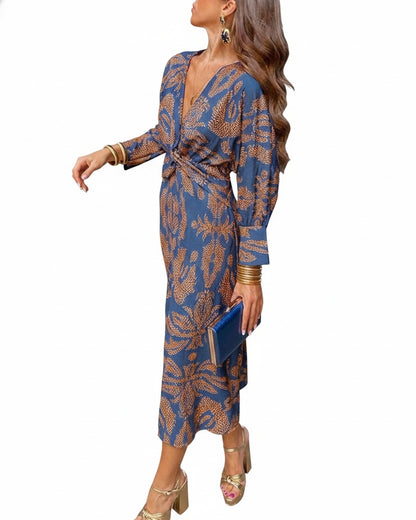 Femme Robe Longue Imprimée à Col en V et Taille Nouée