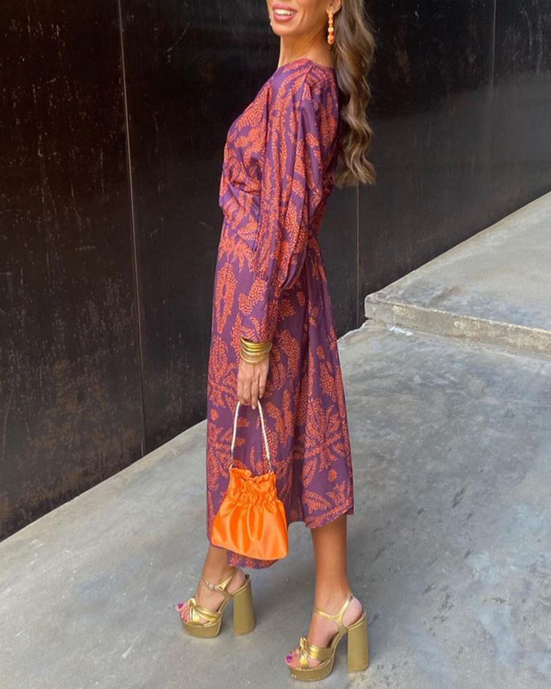 Femme Robe Longue Imprimée à Col en V et Taille Nouée