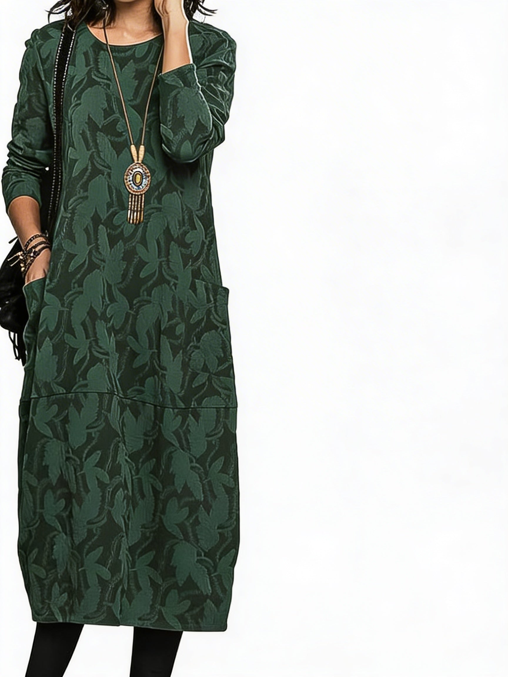 Femme Robe Longue Manches Longues a Motif Feuilles avec Poches