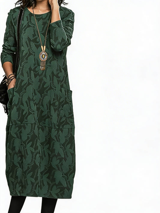 Femme Robe Longue Manches Longues a Motif Feuilles avec Poches