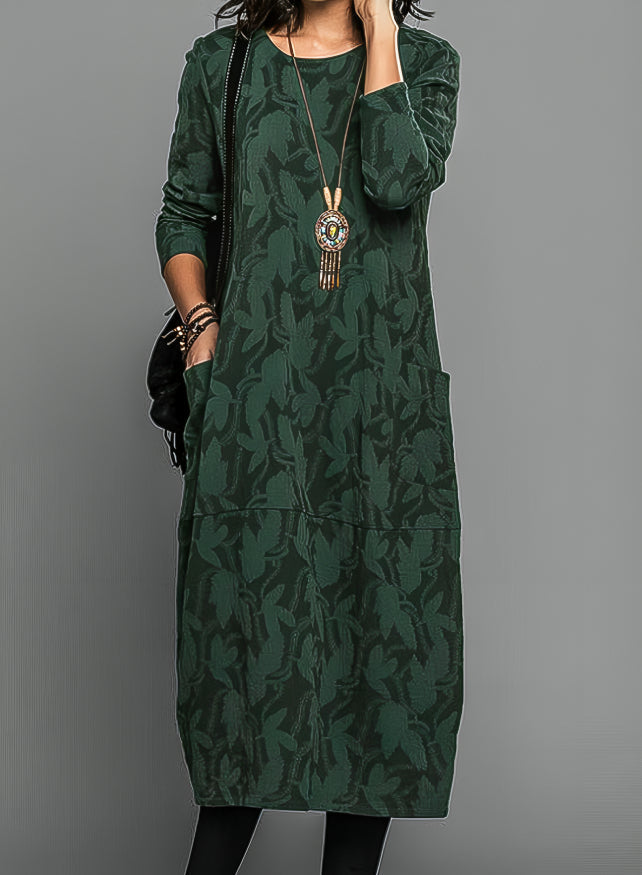 Femme Robe Longue Manches Longues a Motif Feuilles avec Poches