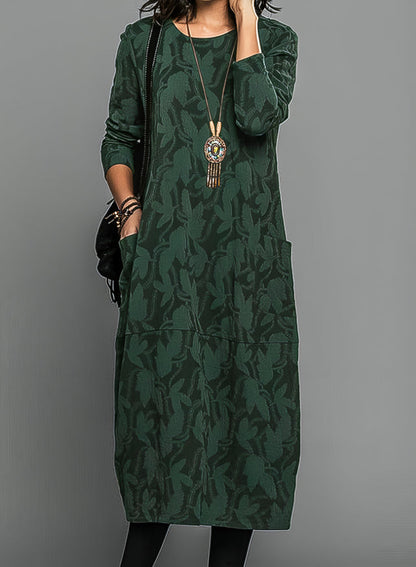 Femme Robe Longue Manches Longues a Motif Feuilles avec Poches