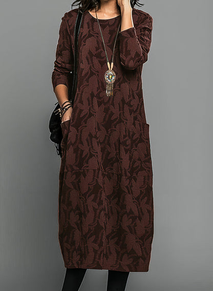 Femme Robe Longue Manches Longues a Motif Feuilles avec Poches