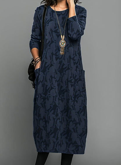 Femme Robe Longue Manches Longues a Motif Feuilles avec Poches