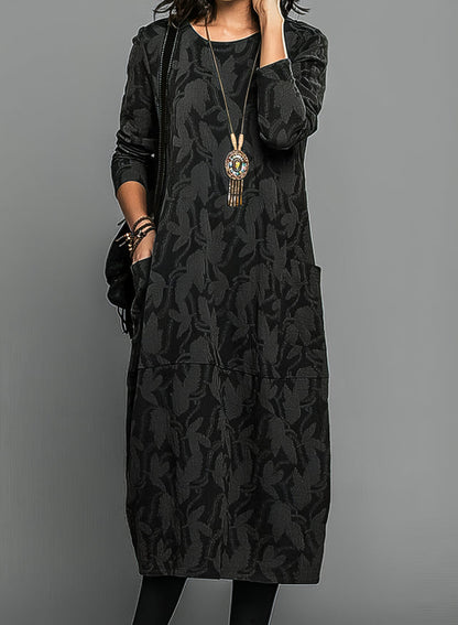 Femme Robe Longue Manches Longues a Motif Feuilles avec Poches