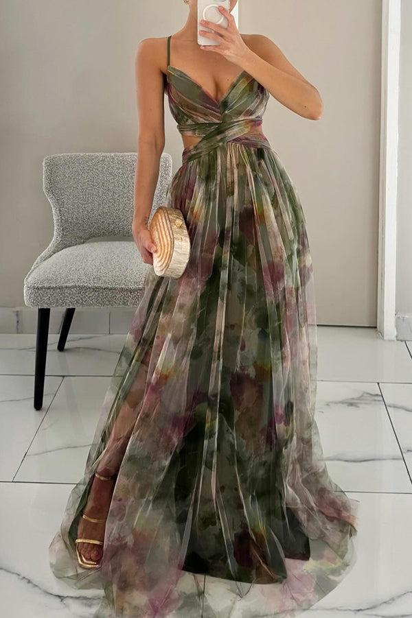 Femme Robe Longue Maxi à Bretelles avec Col en V Croisé et Jupe Fluide à Imprimé Floral