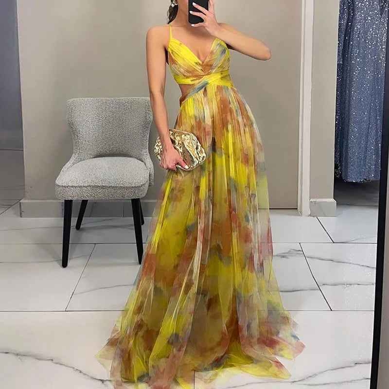 Femme Robe Longue Maxi à Bretelles avec Col en V Croisé et Jupe Fluide à Imprimé Floral