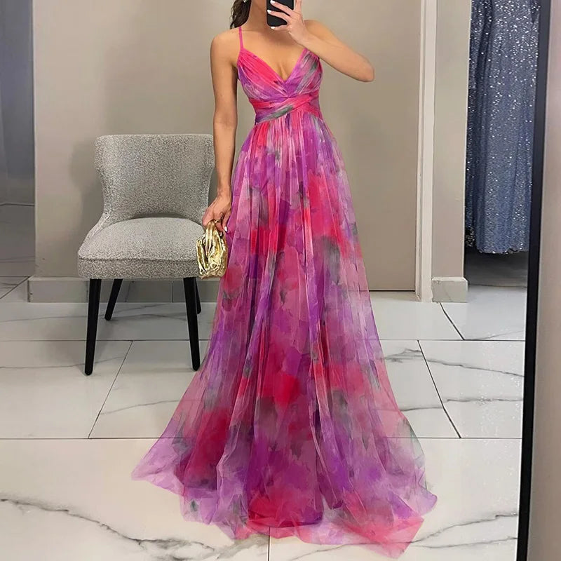 Femme Robe Longue Maxi à Bretelles avec Col en V Croisé et Jupe Fluide à Imprimé Floral