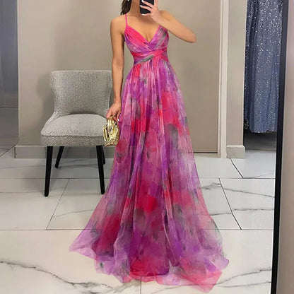 Femme Robe Longue Maxi à Bretelles avec Col en V Croisé et Jupe Fluide à Imprimé Floral