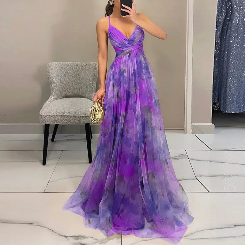 Femme Robe Longue Maxi à Bretelles avec Col en V Croisé et Jupe Fluide à Imprimé Floral
