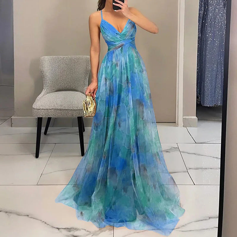 Femme Robe Longue Maxi à Bretelles avec Col en V Croisé et Jupe Fluide à Imprimé Floral