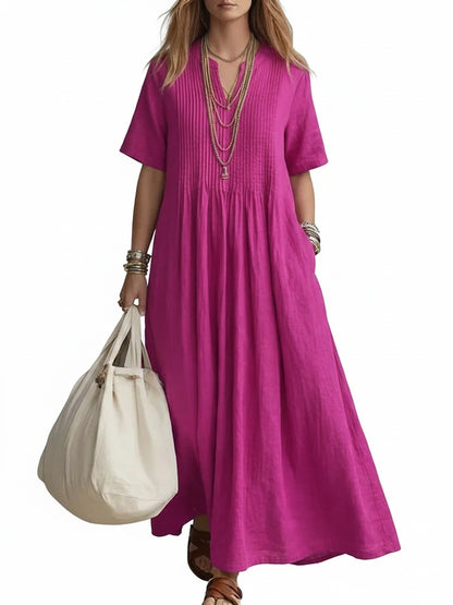 Femme Robe Longue Maxi à Col V et Manches Courtes avec Plis