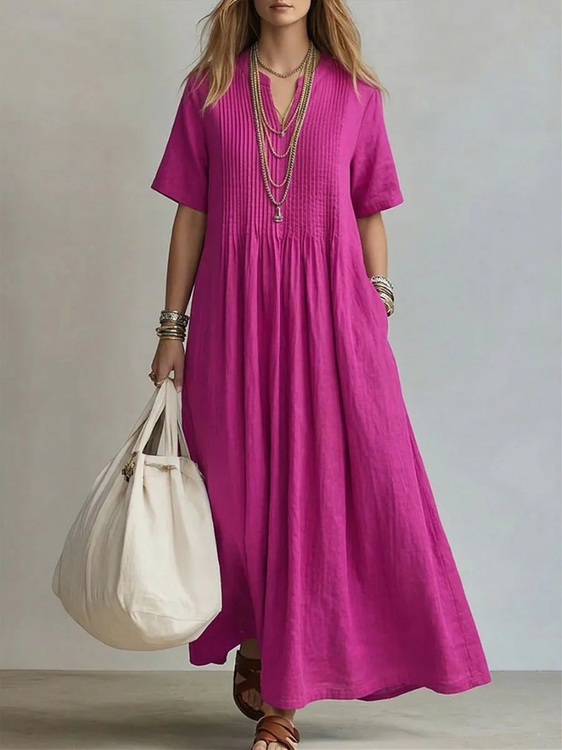 Femme Robe Longue Maxi à Col V et Manches Courtes avec Plis