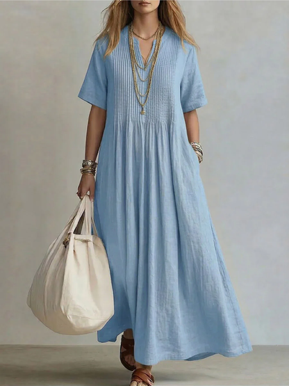 Femme Robe Longue Maxi à Col V et Manches Courtes avec Plis
