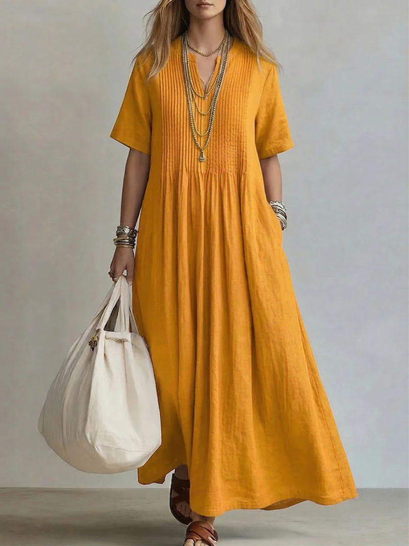 Femme Robe Longue Maxi à Col V et Manches Courtes avec Plis