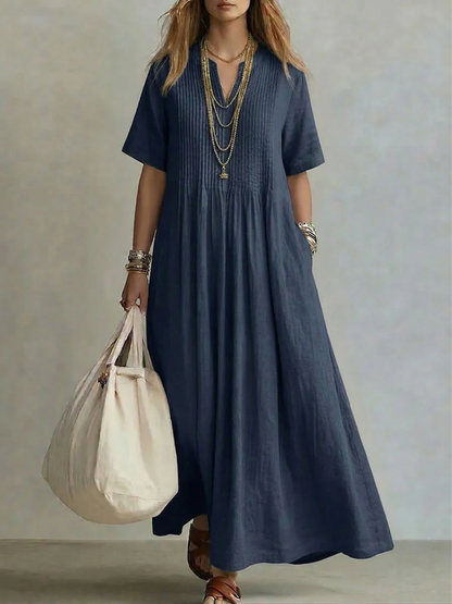 Femme Robe Longue Maxi à Col V et Manches Courtes avec Plis