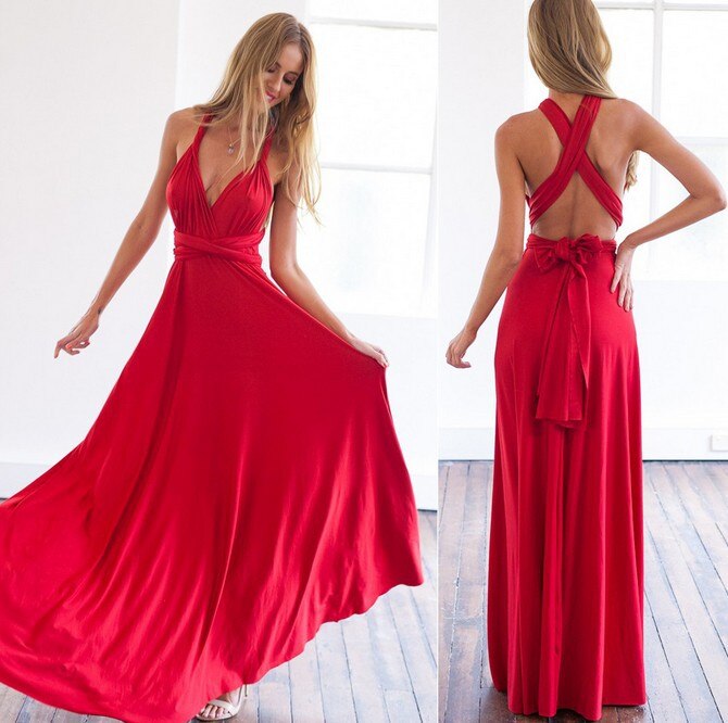 Femme Robe Longue Multiportée sans Manches avec Dos Nu et Col V