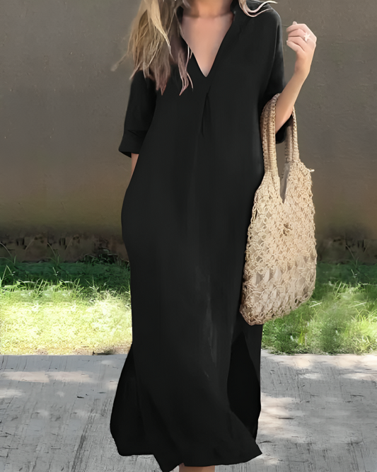 Femme Robe Longue Oversize col en V et Manches Trois-Quarts avec Poches