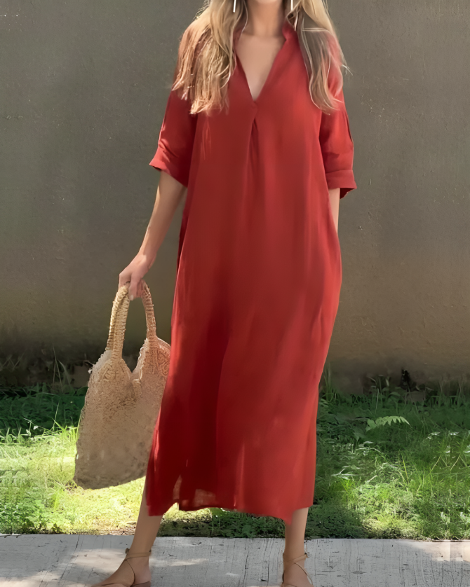 Femme Robe Longue Oversize col en V et Manches Trois-Quarts avec Poches