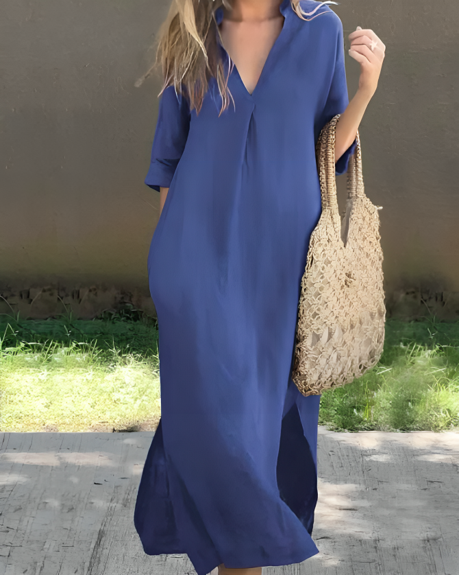 Femme Robe Longue Oversize col en V et Manches Trois-Quarts avec Poches